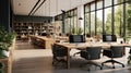 Modern gray open space office with wooden tables, side view