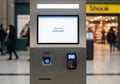 A modern, gray payment kiosk in an indoor setting features a large Royalty Free Stock Photo
