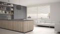 Modern gray and wooden kitchen with shelves and cabinets, sofa and panoramic window. Contemporary living room, minimalist architec