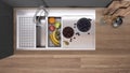 Modern gray and wooden kitchen, sink with running tap and healthy fruit. Vase with spikes, wooden cutting boards. Top view, plan,
