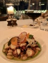 Modern greek salad, octopus with herbs oil, white beans and mashed potatoes