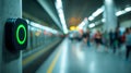 Modern green access control system installed on concrete pillar inside busy underground transit station with blurred commuters in Royalty Free Stock Photo