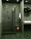 A modern green bathroom with a shower, a sink and round mirror, a green wall and tiles floor Royalty Free Stock Photo