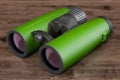 Modern green binoculars on the wooden background. 3D rendering Royalty Free Stock Photo