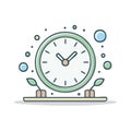 Modern green clock illustration with small growing plants and floating dots time and environment Royalty Free Stock Photo