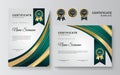 Modern green and gold certificate template. Certificate of achievement templates with wavy elements and luxury gold badges. Vector