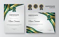 Modern green and gold certificate template. Certificate of achievement templates with wavy elements and luxury gold badges. Vector Royalty Free Stock Photo