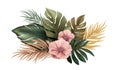 Modern Green and Gold Palm Leaves and Flowers on transparent background. Abstract tropic for banners. Bright tropical