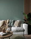 Modern green home interior background, wall mock up with white sofa, 3d render Royalty Free Stock Photo