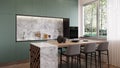 Modern green kitchen interior design with white marble details