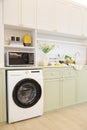 Modern green kitchen interior with washing machine and microwave. Royalty Free Stock Photo