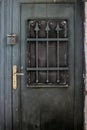 Modern green metal door openwork with peaks a beautiful vintage background Royalty Free Stock Photo