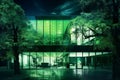 Modern Green Office Building in Urban Metropolis: Glass Tower with Nighttime View of Tree Branches. AI Royalty Free Stock Photo