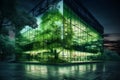 Modern Green Office Building in Urban Metropolis: Glass Tower with Nighttime View of Tree Branches. AI Royalty Free Stock Photo