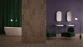 Modern green and purple minimalist abstract bathroom with decorated wooden partition wall, parquet floor, plaster wall, velvet