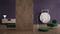 Modern green and purple minimalist abstract living room with decorated wooden partition wall, parquet floor, plaster wall, velvet