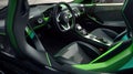 Modern green supercar interior with the leather panel, sport seats, multimedia, and digital dashboard. View from the