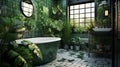 A modern green tiled bathroom with a luxurious bathtub and stylish sink