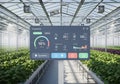 A modern greenhouse with an AI-generated virtual interface displaying environmental controls. Rows Royalty Free Stock Photo