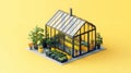 Modern greenhouse design with lush greenery on vibrant yellow background Royalty Free Stock Photo