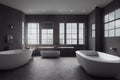 Modern grey bathroom interior with bathtub and washbasin panoramic window. Generative AI. Royalty Free Stock Photo