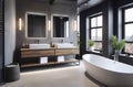 modern grey bathroom interior in loft style with countertop basin, mirror and shower Royalty Free Stock Photo