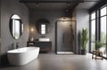 modern grey bathroom interior in loft style with countertop basin, mirror and shower Royalty Free Stock Photo