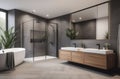modern grey bathroom interior in loft style wood with countertop basin, mirror and shower Royalty Free Stock Photo