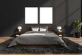 Modern grey bedroom with two empty canvases Royalty Free Stock Photo