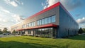 Modern grey building exterior with red accents and large windows. Facade shows geometric patterns under a cloudy blue sky. Empty Royalty Free Stock Photo