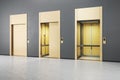 Modern grey concrete interior with three elevator doors. Opportunity and success concept. Royalty Free Stock Photo