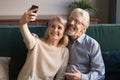 Modern smiling senior couple take selfie on smartphone Royalty Free Stock Photo