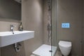 Modern grey interior of small bathroom with glass shower, rectangular mirror, mounted WC toilet, white hung sink