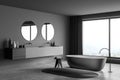 Modern grey panoramic bathroom with two round mirrors. Corner view Royalty Free Stock Photo