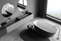 Modern grey panoramic bathroom with two round mirrors. Top view