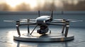 Modern grey quadcopter drone with camera on display stand at sunset, representing advanced aerial technology Royalty Free Stock Photo