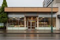 Modern Grocery Shop Front with Wooden Design Elements and Clear Glass Windows.