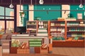 modern grocery shop interior supermarket with food product shelves racks with vegetables fruits and dairy drinks fridge