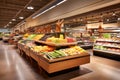 Modern grocery store showcasing fresh produce, ambient lighting, organized layout.