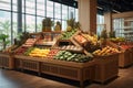 Modern grocery store with wooden design interior, fresh produce displays