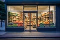 Modern grocery storefront, vibrant produce display, city street view.