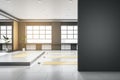 Modern group class in gym interior with blank mock up place on black wall, yoga mats, mirror with reflections, window with city