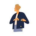 Modern guy careless put coins in holey pocket vector flat illustration. Male with coin falling out during inability