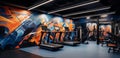 A modern gym with a 3D dynamic sport-themed wall pattern,