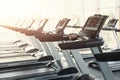 Modern gym interior equipment, treadmill control panels for card Royalty Free Stock Photo