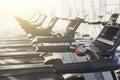 Modern gym interior equipment, treadmill control panels for cardio training Royalty Free Stock Photo