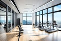 Modern Gym Interior With Fitness Equipment And Exercise Machines. Sports Hall With Large Windows. Generative AI