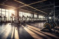 Modern gym interior with rows of treadmills. 3d rendering, rows of stationary bikes and health exercise equipment for bodybuilding