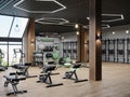 Modern gym interior with sport and fitness equipment, fitness center interior, interior of crossfit and workout gym, 3d rendering