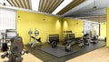 Modern gym interior with sport and fitness gym equipments, fitness center interior, 3D Rendering